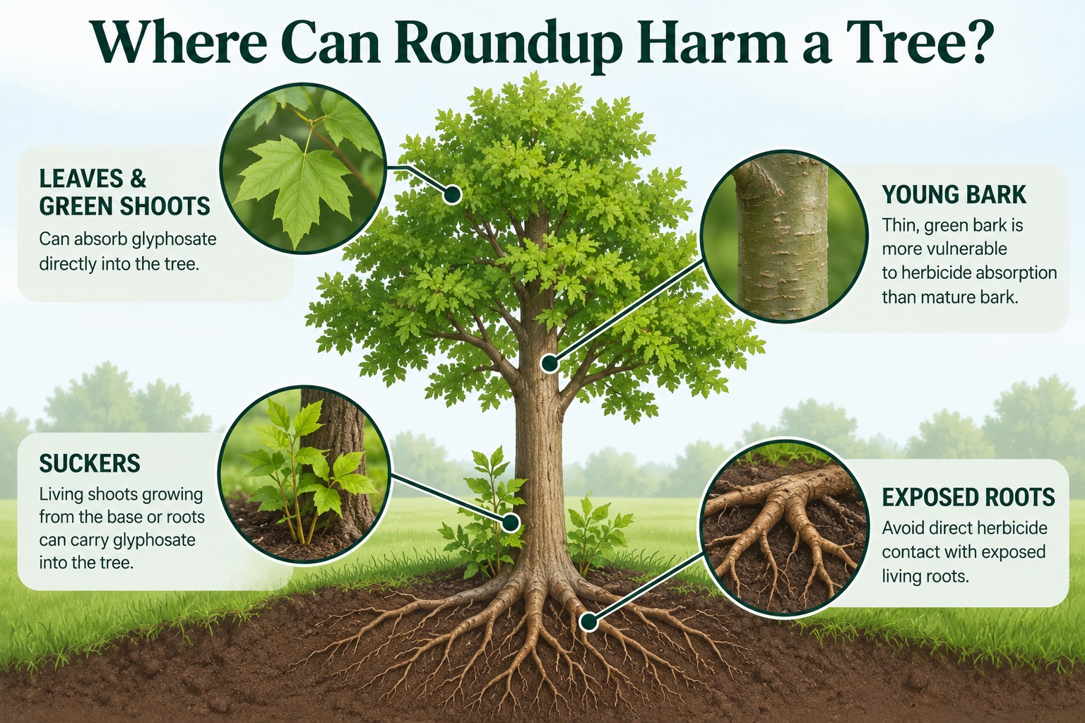 Infographic showing how Roundup can harm tree leaves, green shoots, young bark, suckers, and exposed roots.