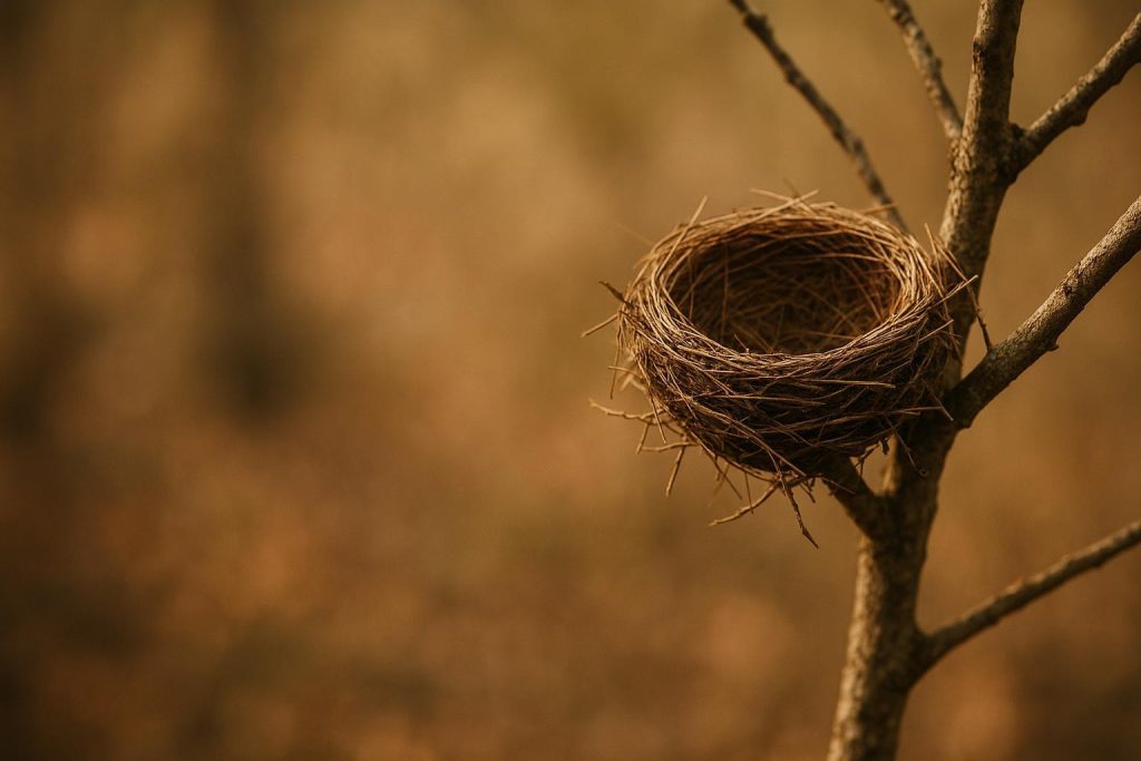Empty bird nest on a branch referencing bird removal.