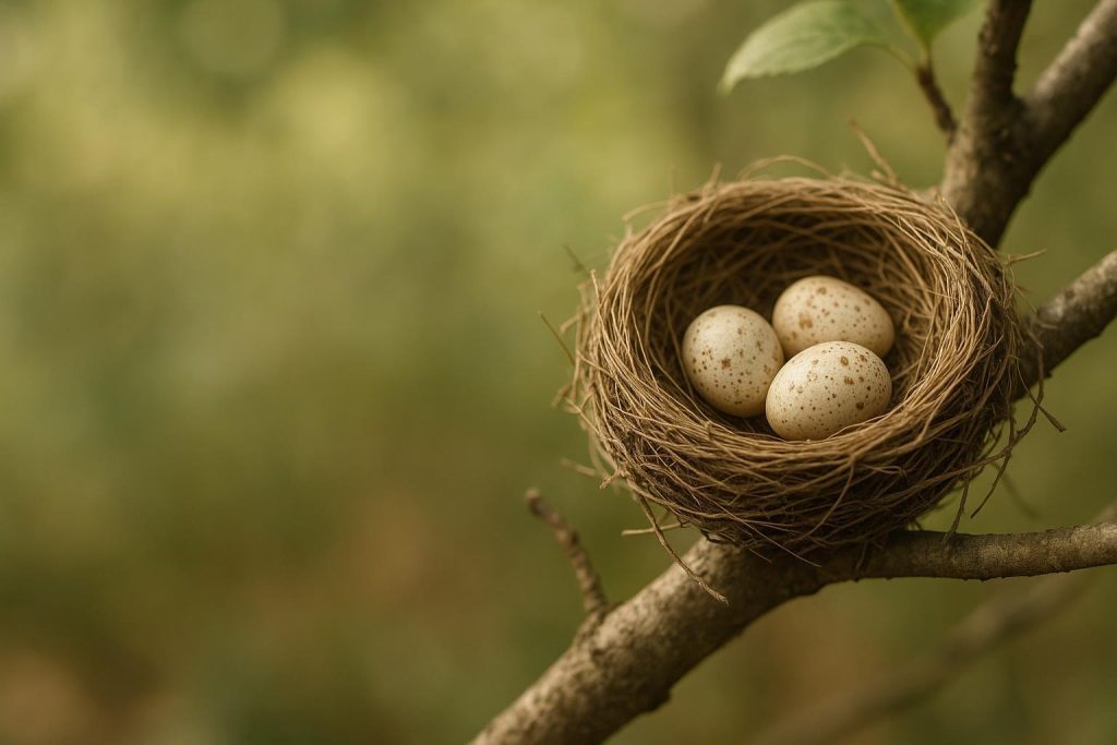 Close-up of a small bird nest on a tree branch, referencing bird removal in Canada.