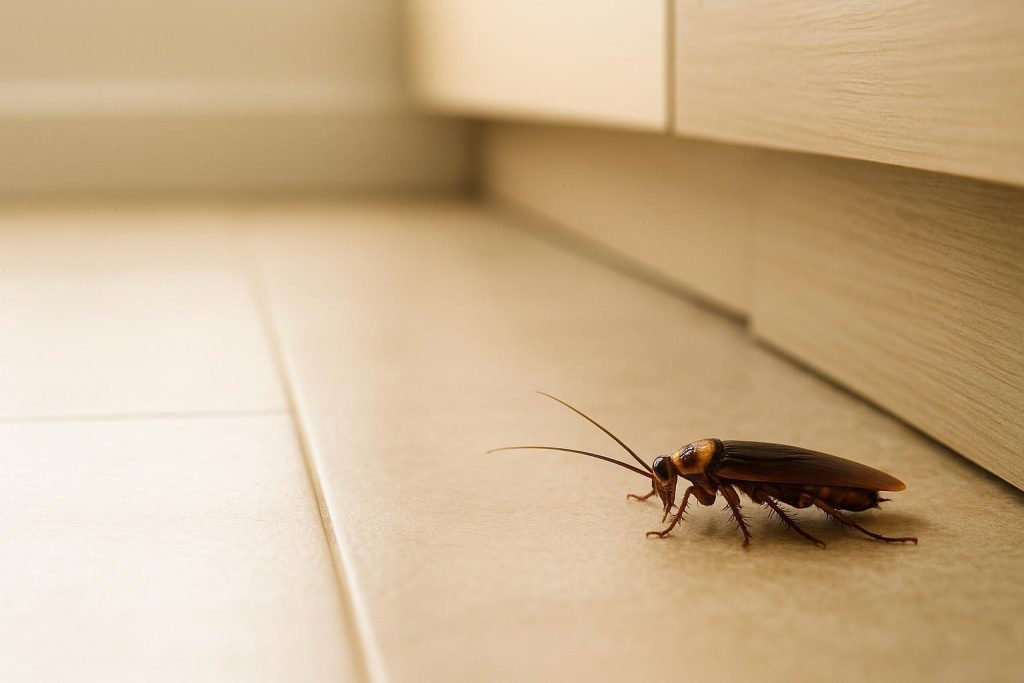 Cockroach persisting in a clean kitchen corner.
