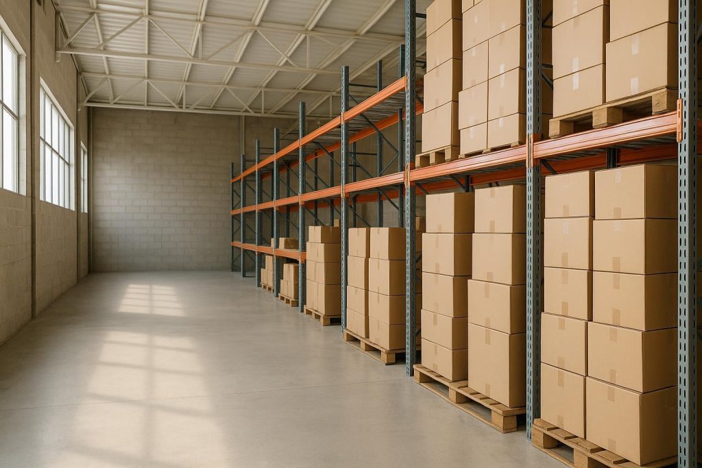 Bright warehouse interior with stacked boxes for industrial pest treatments