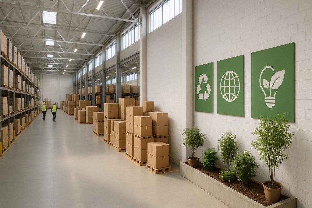 A bright warehouse showcasing eco-friendly industrial pest treatments for worker safety.