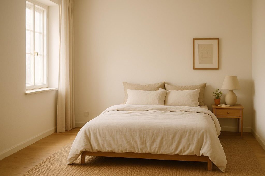 A tidy bedroom ready for bed bug treatment, with minimal clutter and light bedding.