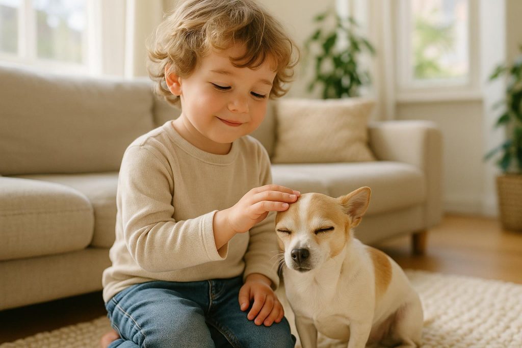 Child and dog in a home, illustrating safe humane pest control practices.
