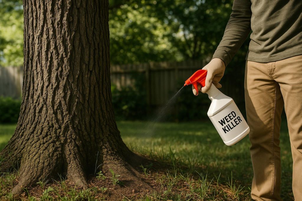 Person spraying Roundup weed killer near a healthy tree trunk in the yard.