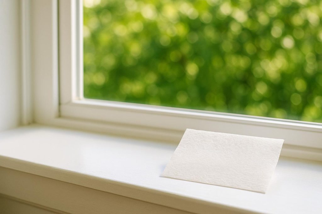 Close-up of a single dryer sheet on a windowsill with green leaves in the background, referencing mosquitoes.