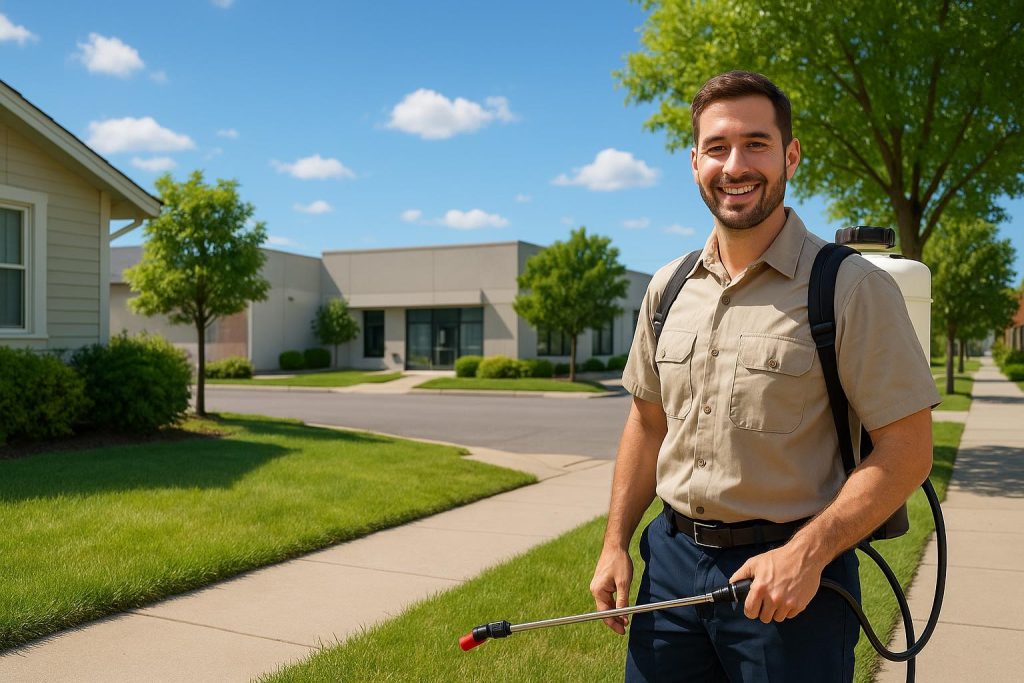Professional performing seasonal pest control near a property with greenery.