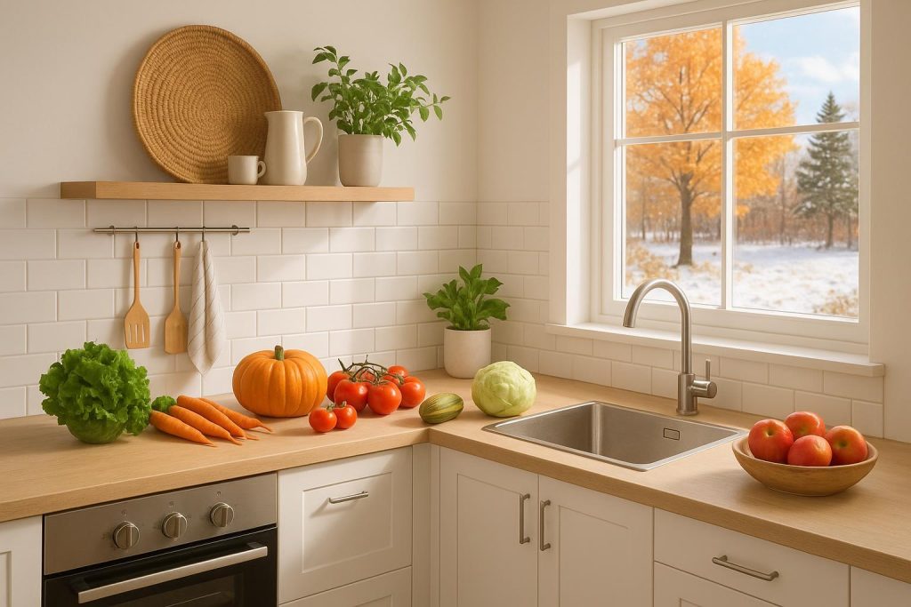 Bright kitchen scene with produce, illustrating seasonal pest changes in the kitchen.