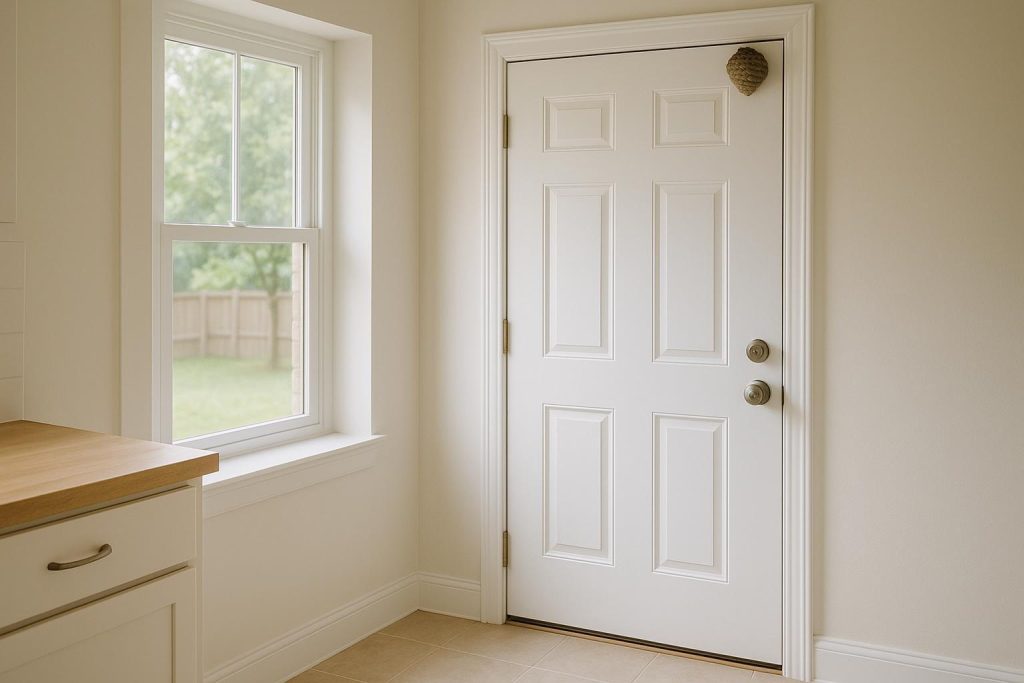 Kitchen door with a small wasp nest near the top corner, showing nest prevention steps.