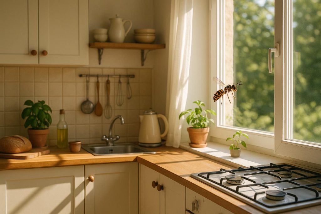 Close-up of a wasp near an open kitchen window, attracted by scents.