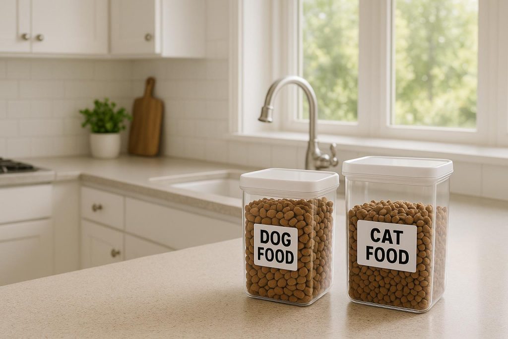 Sealed pet food containers on a clean kitchen counter to deter pests.