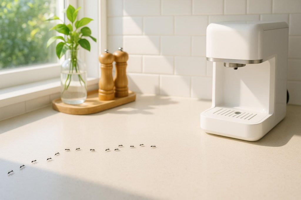 Modern kitchen scene showing small ants near an appliance on the countertop.