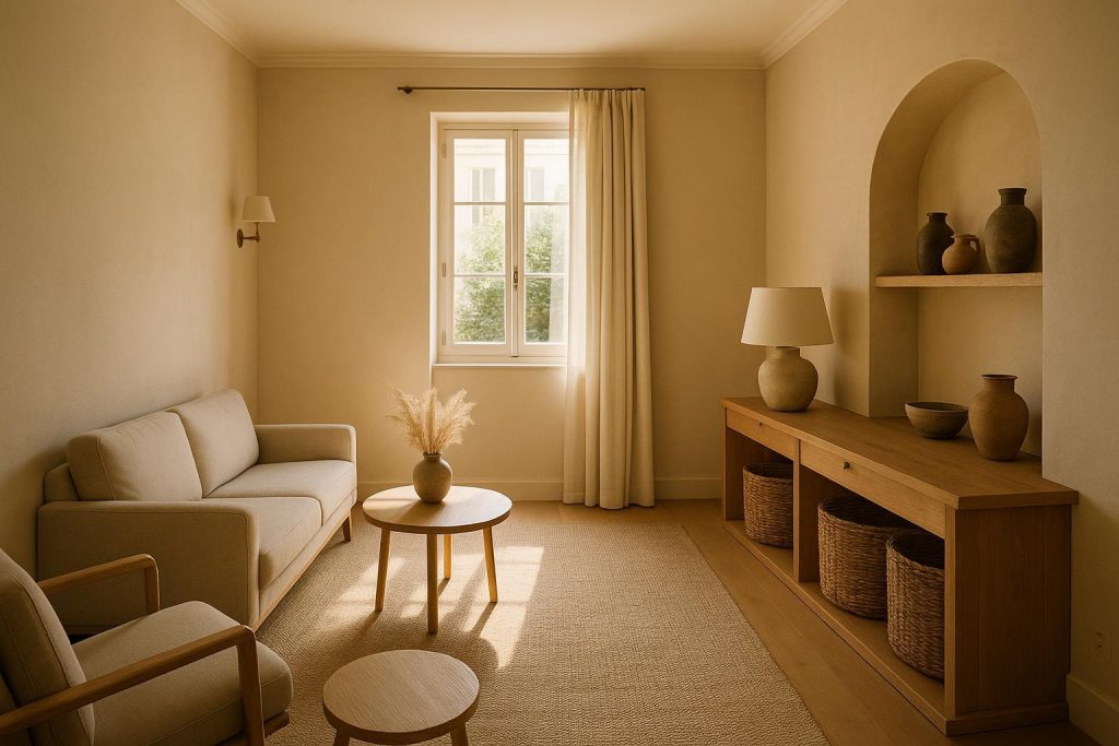 Sunlit lounge in a small boutique hotel with neutral tones.