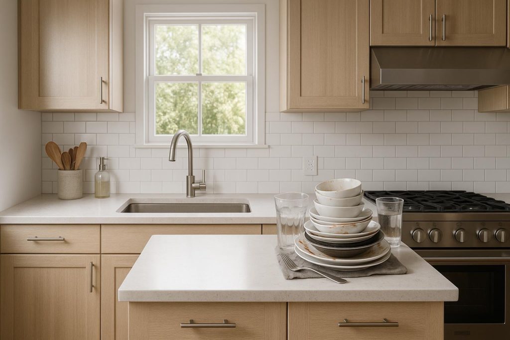 Dirty dishes in a well-lit kitchen possibly attracting pests.