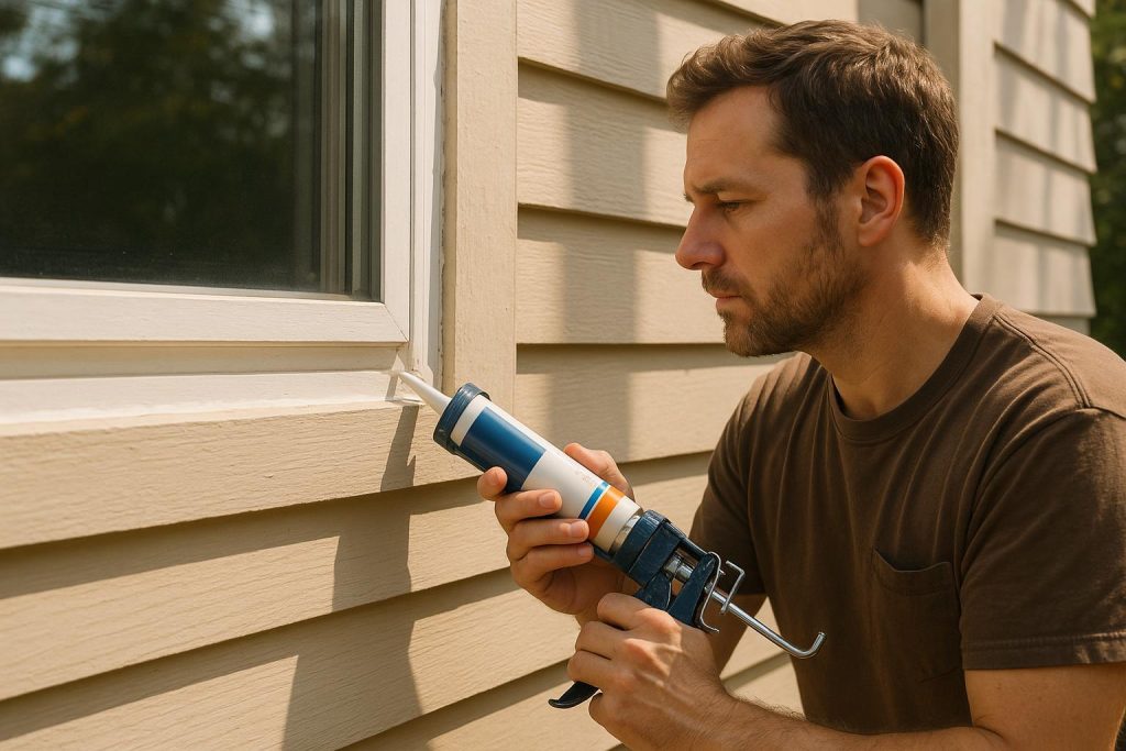 Person sealing a window frame gap for home pest prevention.