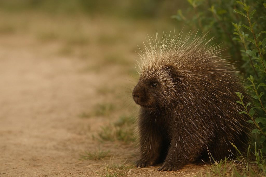 Porcupine standing by a tree in a wooded area.