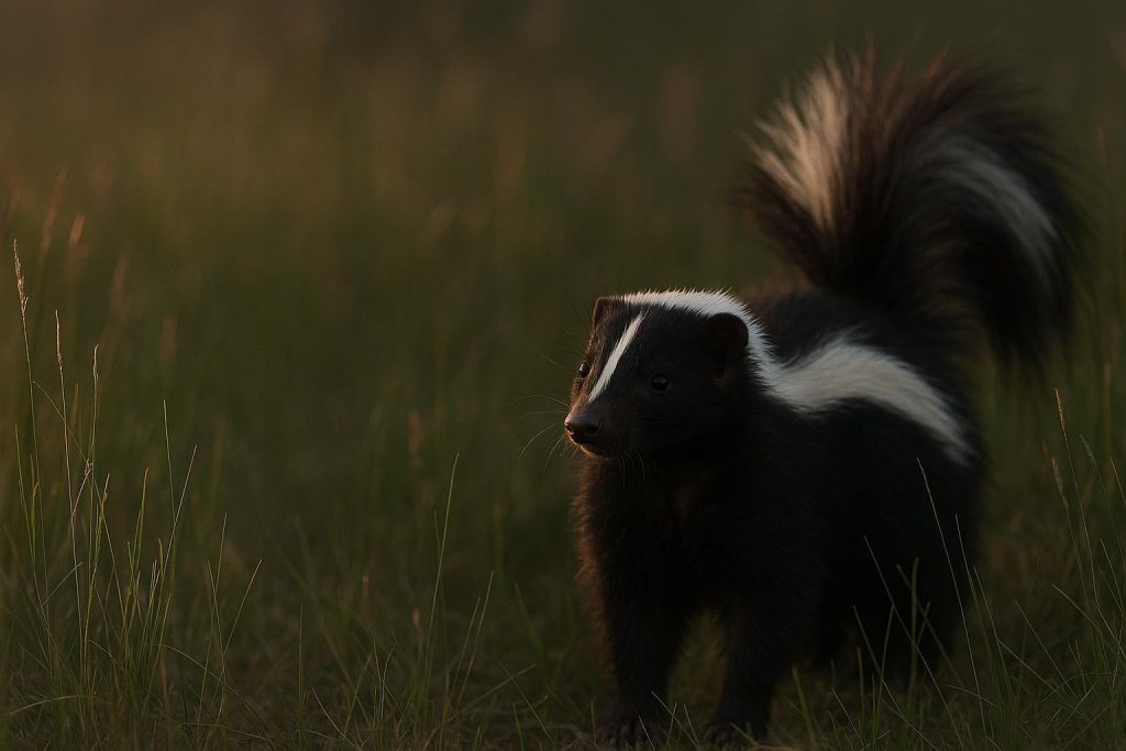 A skunk walking through grass during dusk, illustrating nocturnal behavior.