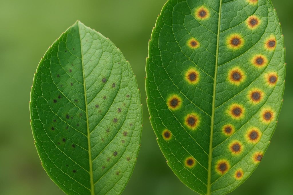 Close-up of two leaves showing distinct bacterial and fungal leaf spot patterns.