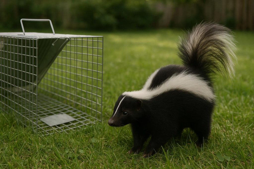 Trapped skunk near a humane cage in a grassy yard.