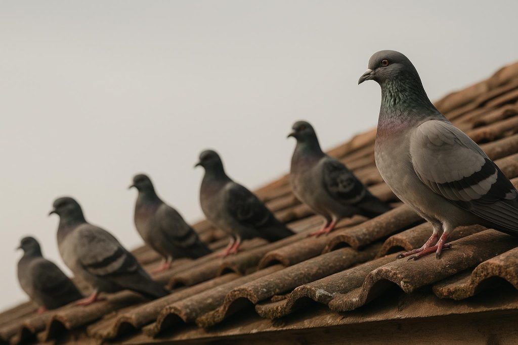 Pigeons perched on a rooftop, demonstrating a common pigeon concern needing effective removal.