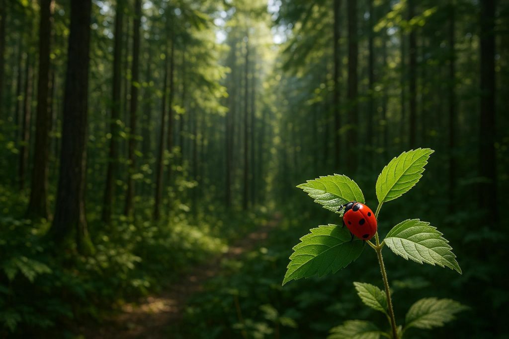Ladybug perched on a leaf in an Alberta forest, among insects typically found near local trees.