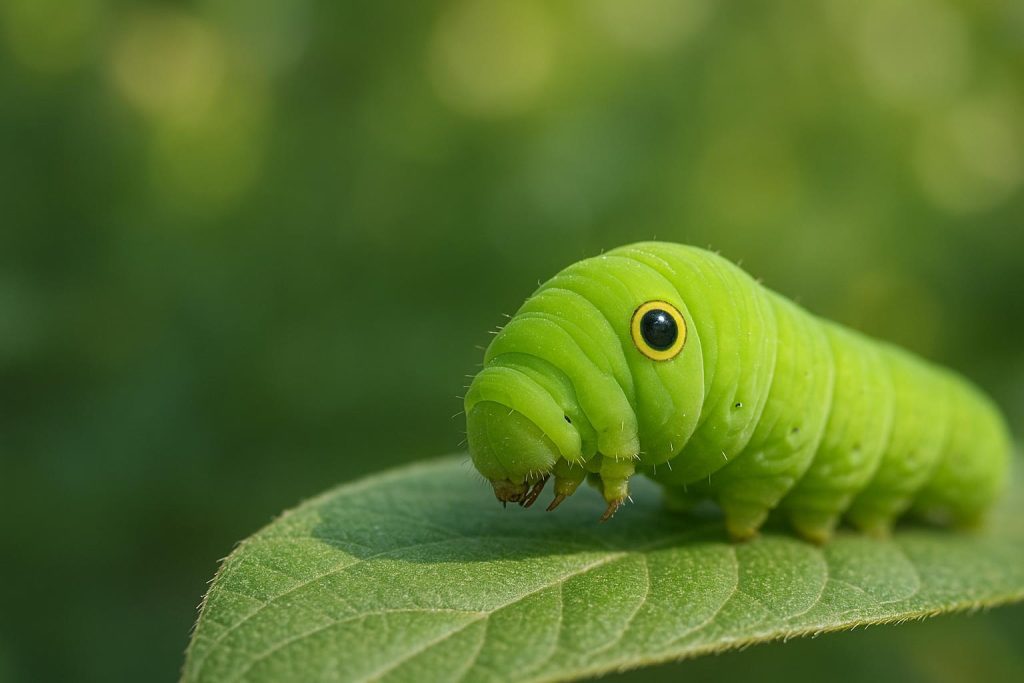 Green caterpillar on a leaf, a stage before becoming a butterfly or moth.