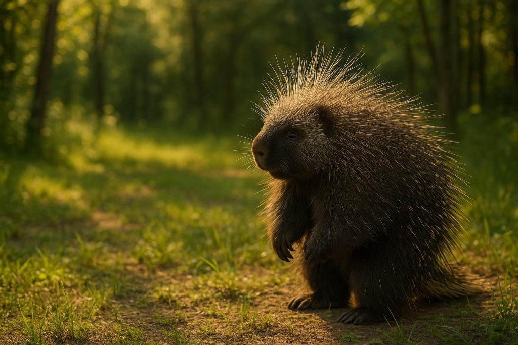 Canadian porcupine in a forest clearing, related to porcupine predators.