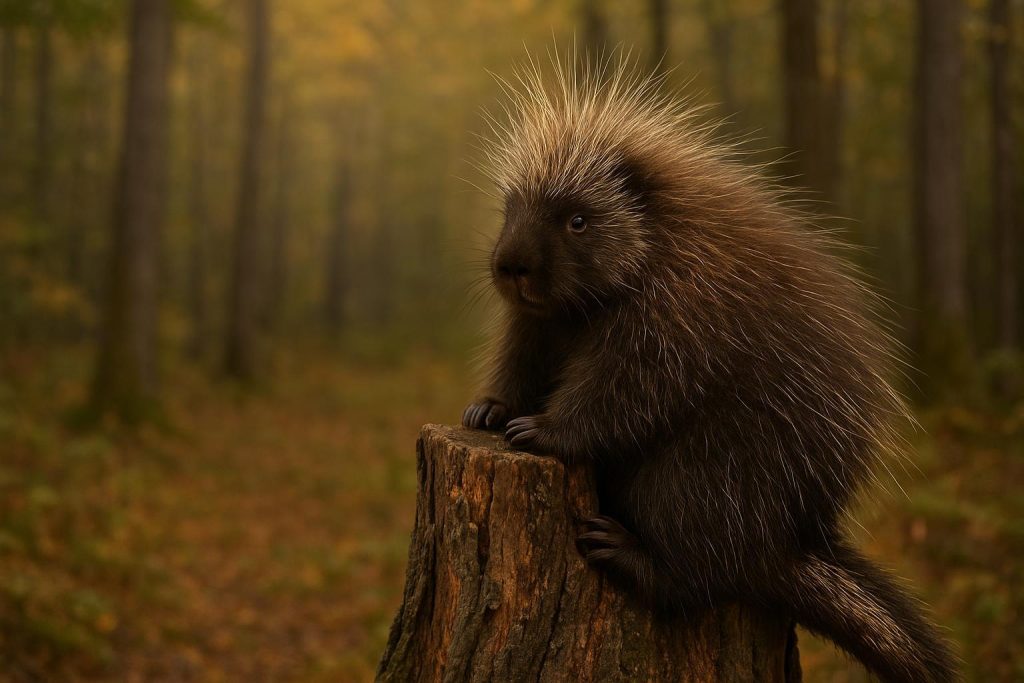 A North American porcupine perched on a stump in a forest, showcasing its quills.
