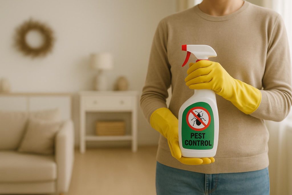 Person using safe pest control product in a bright interior.