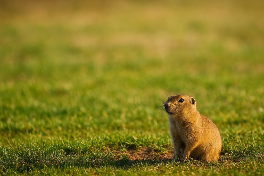 Gopher standing in short grass, illustrating how to safely relocate gophers.