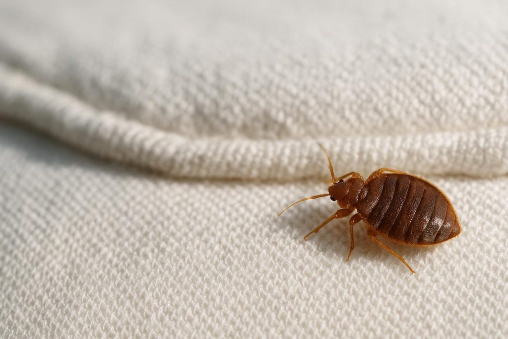 Close-up of a brown bed bug on a mattress seam.