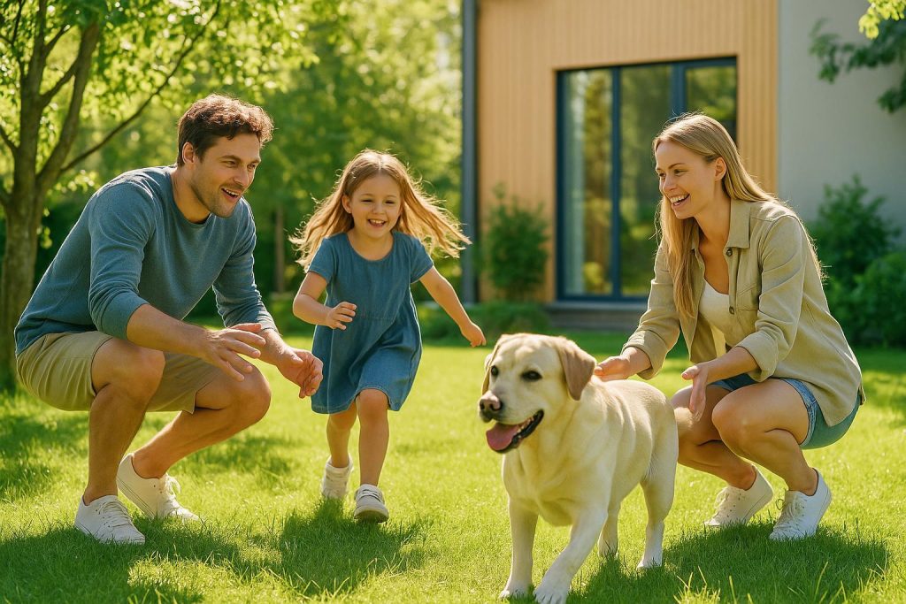 Young family and golden retriever in a sunlit yard, symbolizing safe, eco-friendly pest control.