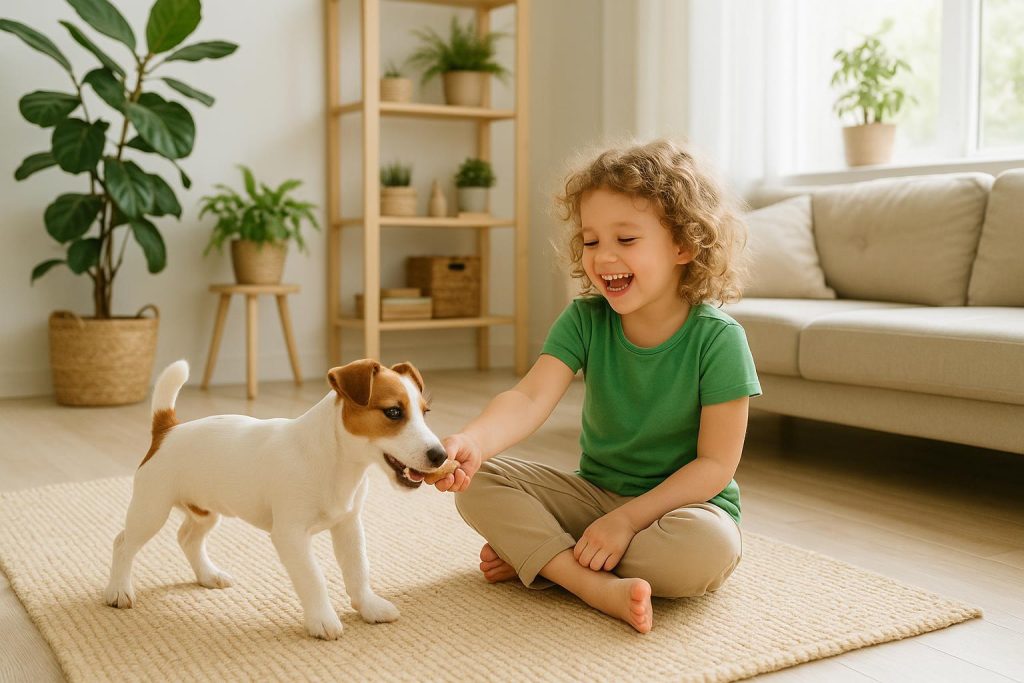 Cheerful child with a dog in a bright living room, exemplifying safe, eco-friendly pest control.