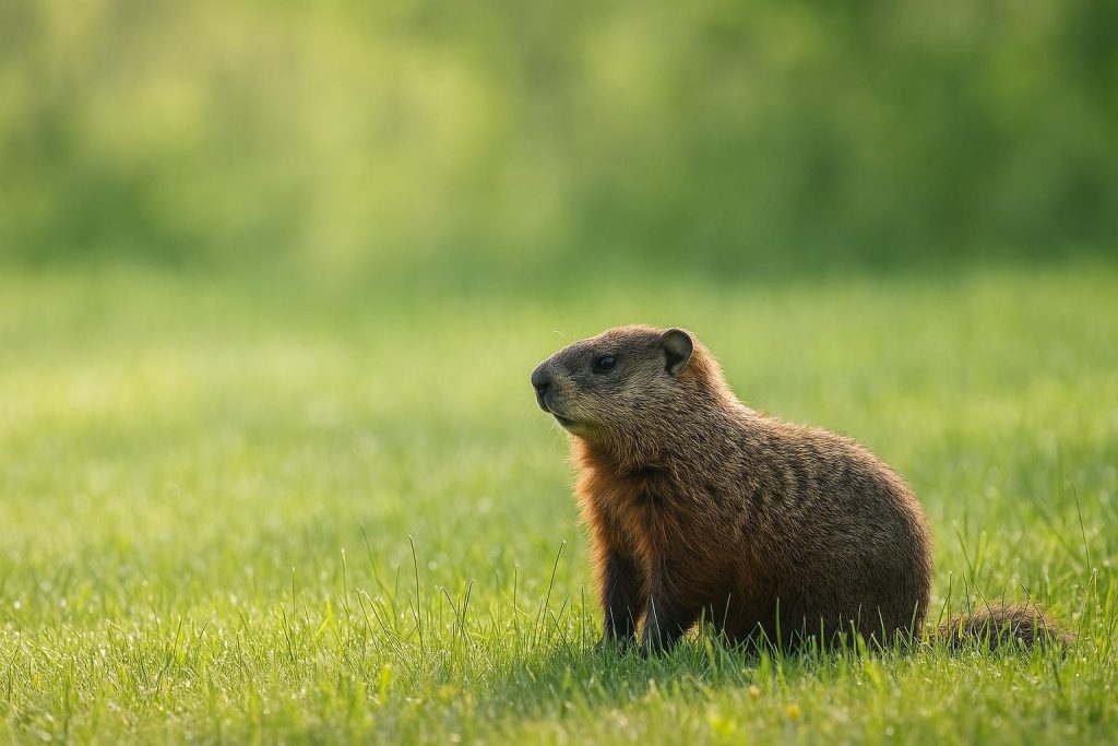 A calm photo of a groundhog in a grassy field, illustrating safe relocation.