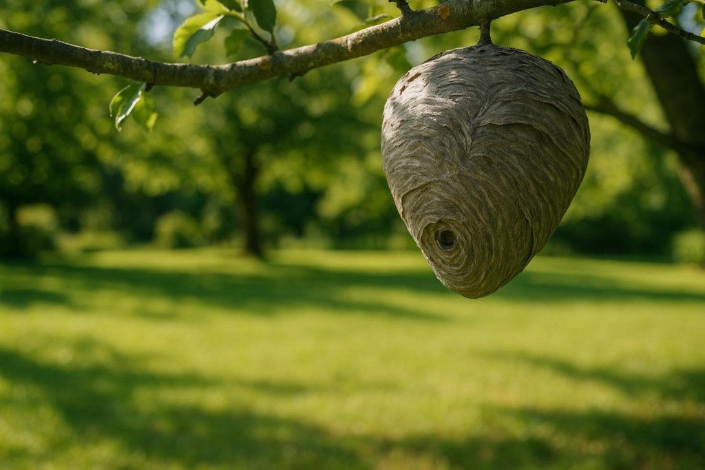 Photo of a hornet’s nest in a tree, illustrating a cautious removal approach.
