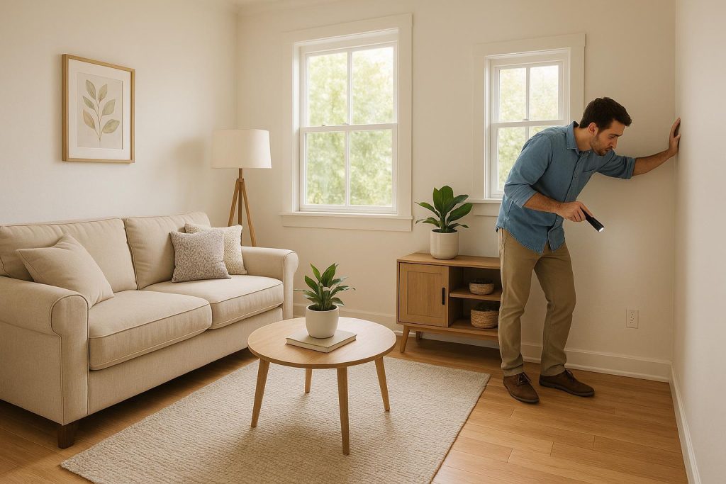 Homeowner checking corner in bright living room during a home pest inspection.