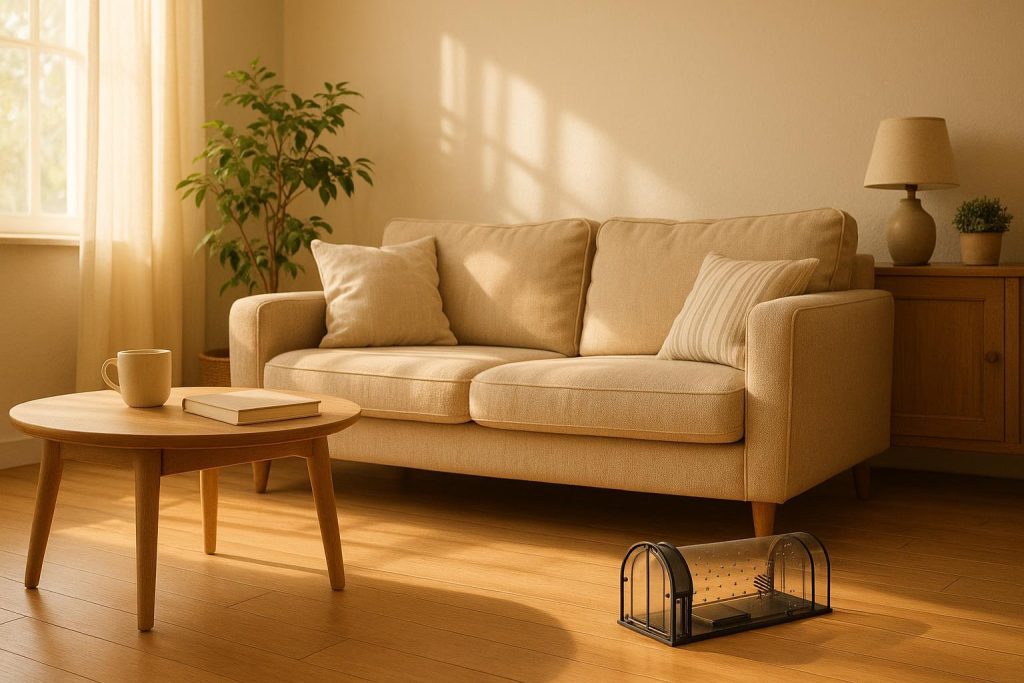 A humane rodent trap in a sunlit room for eco-friendly extermination.