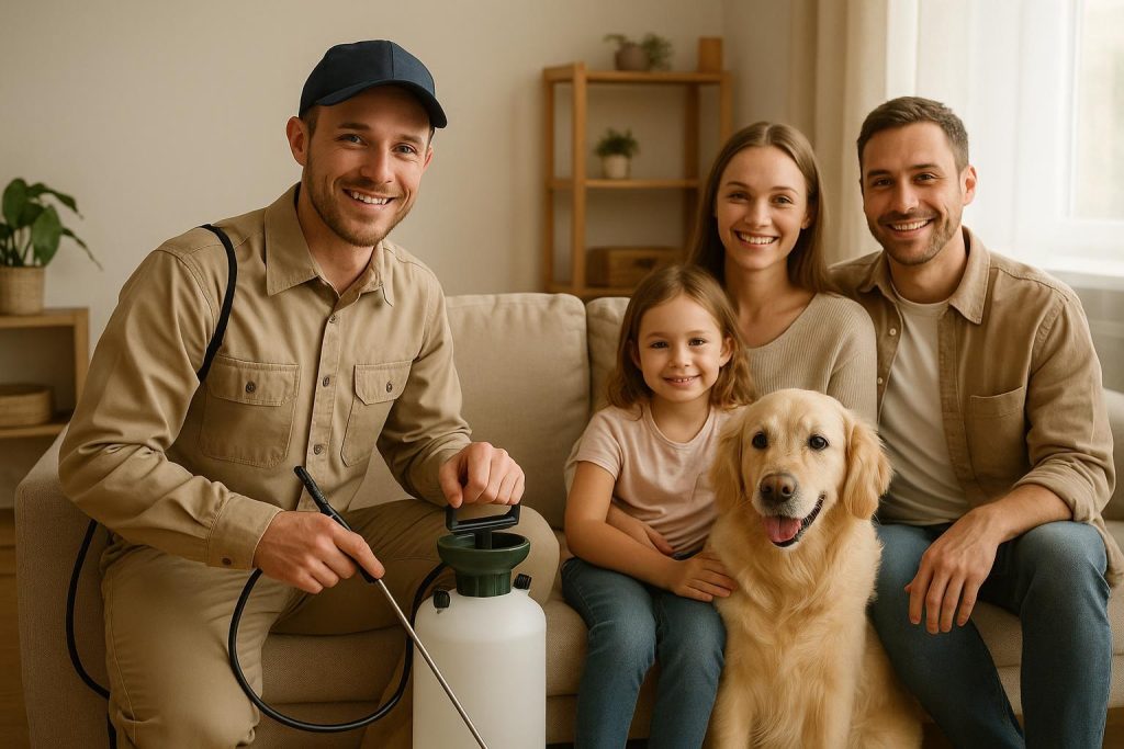 Experienced pest services technician demonstrates safe methods around a child and pet.